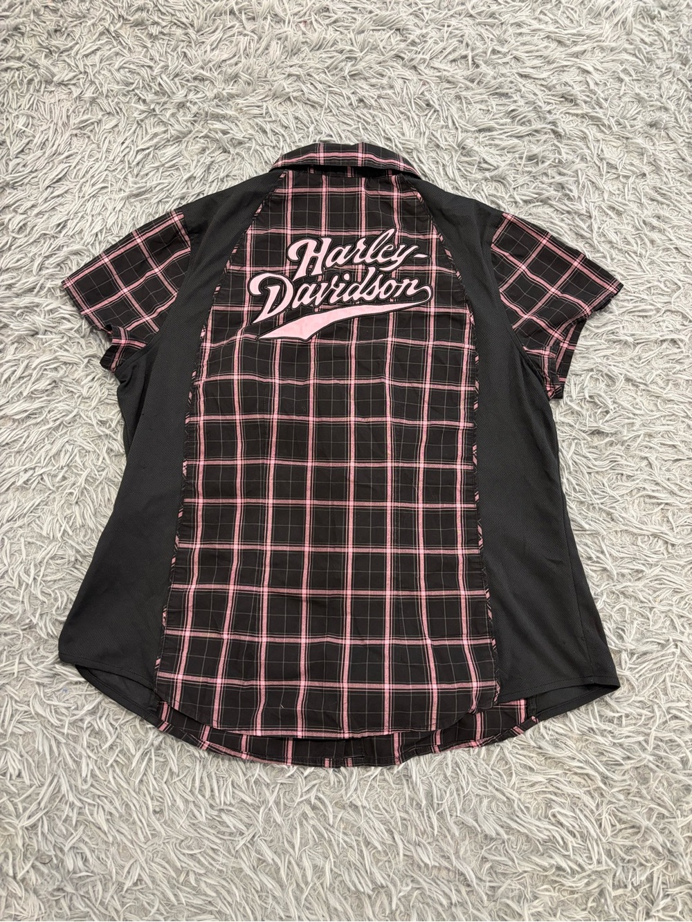 Harley-Davidson Womens XL Plaid Pink Ribbon Biker Button Up Shirt Y2K Streetwear